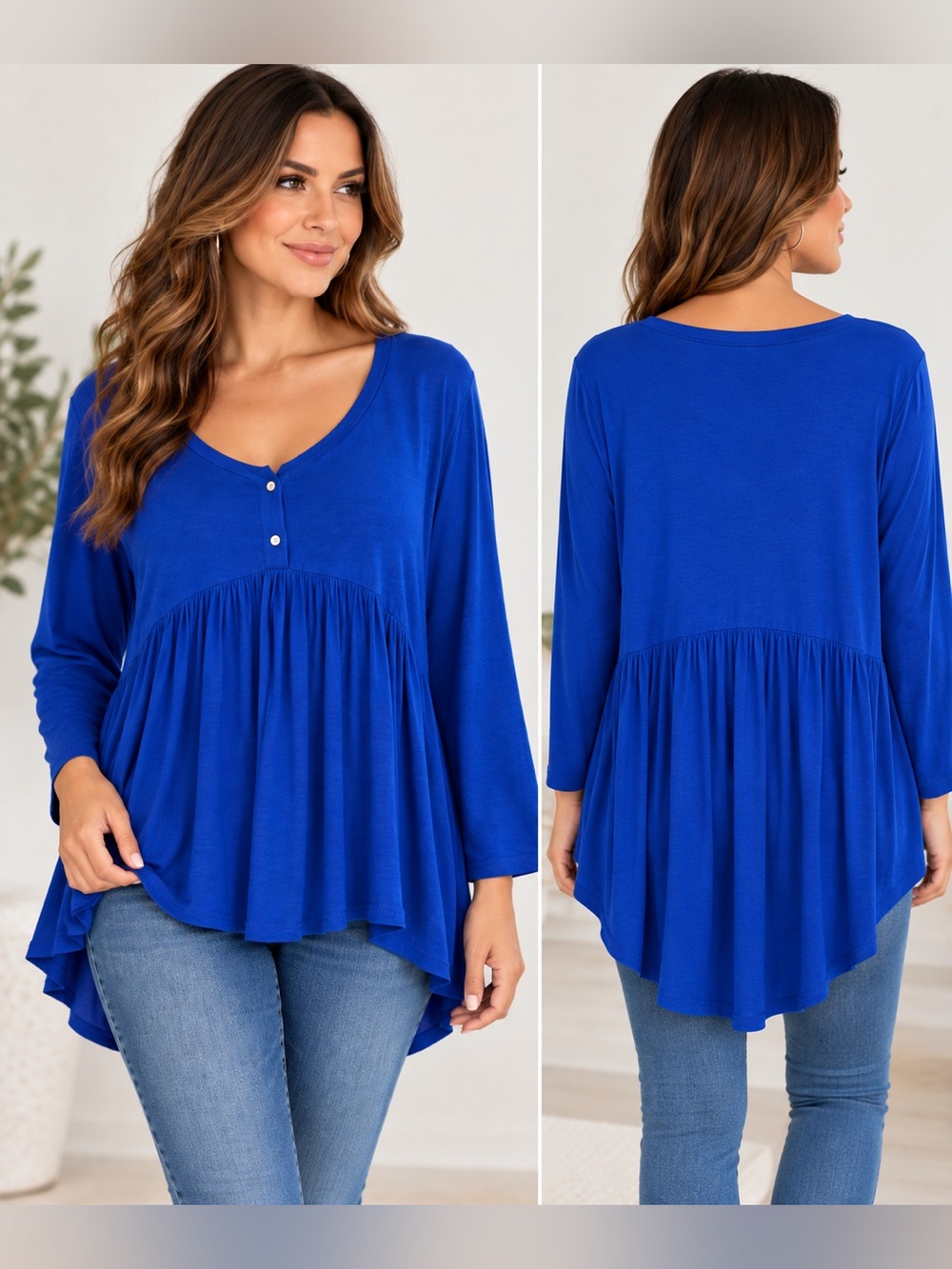 NWT Allegra K Womens 3X Royal Blue Babydoll Tunic Top Long Sleeve Plus Size